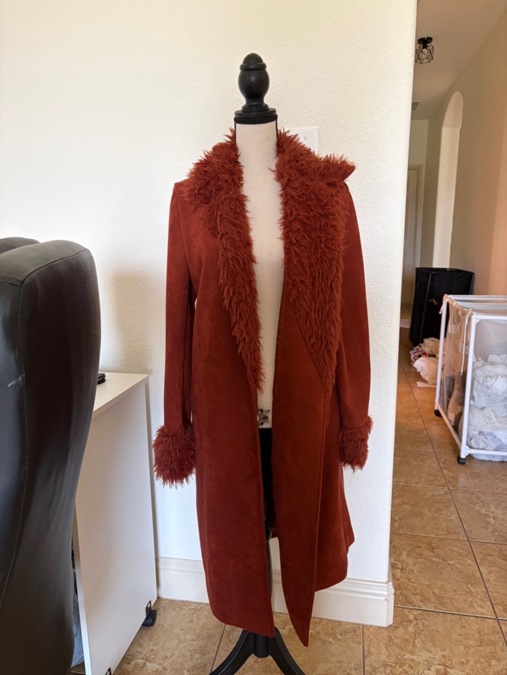 JustFab Faux-Suede Long Trench Coat with Faux-Fur Trim - Rust